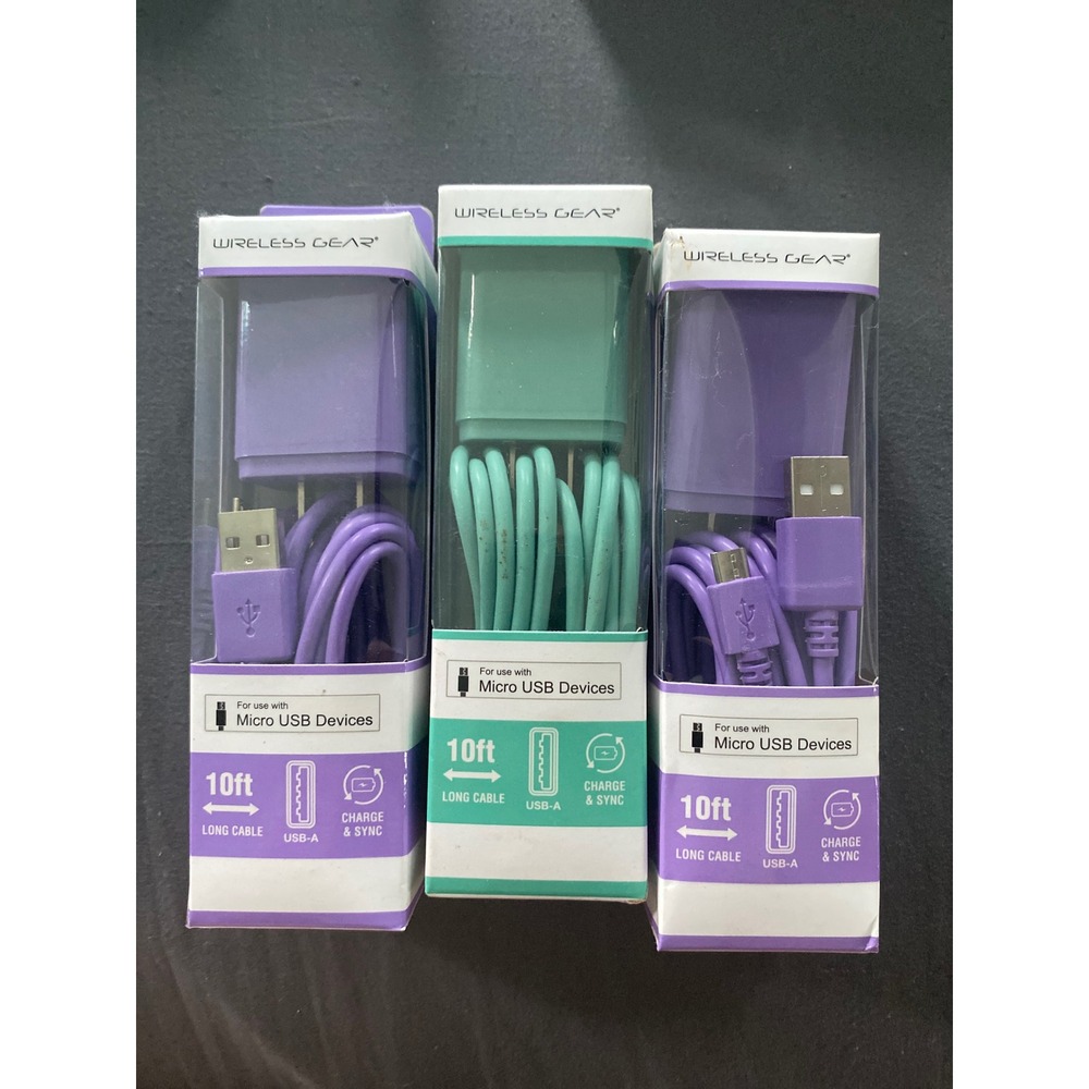Wireless Gear 10ft Micro USB Cable & Wall Charger Lot 3 Purple Teal BL BL